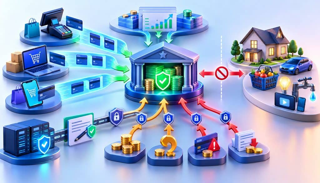 Merchant settlement account receiving deposits and authorized processor debits